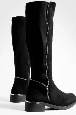 Over The Knee Boots|Knee High Boots*boohoo Wide Fit Faux Suede Knee High Side Zip Boots black