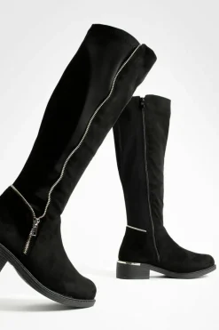 Over The Knee Boots|Knee High Boots*boohoo Wide Fit Faux Suede Knee High Side Zip Boots black
