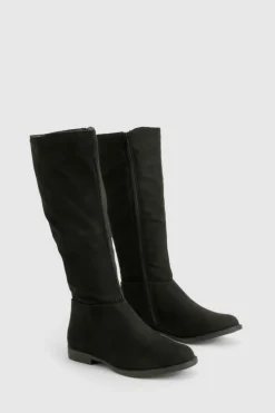 Over The Knee Boots|Knee High Boots*boohoo Wide Fit Faux Suede Knee High Flat Boots black