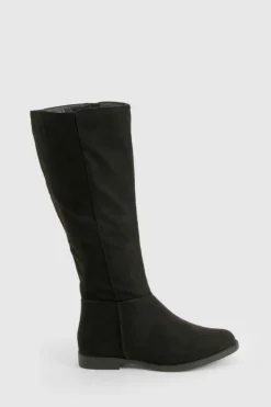 Over The Knee Boots|Knee High Boots*boohoo Wide Fit Faux Suede Knee High Flat Boots black