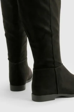 Over The Knee Boots|Knee High Boots*boohoo Wide Fit Faux Suede Knee High Flat Boots black
