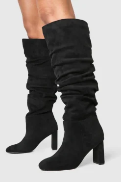 Heels|Over The Knee Boots*boohoo Wide Fit Faux Suede Ruched Detail Block Heel Boots black