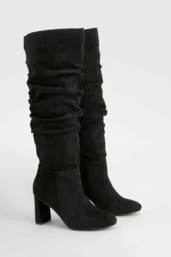 Heels|Over The Knee Boots*boohoo Wide Fit Faux Suede Ruched Detail Block Heel Boots black