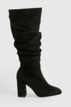 Heels|Over The Knee Boots*boohoo Wide Fit Faux Suede Slouchy Block Heel Boots black