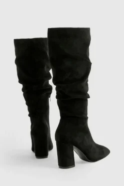 Heels|Over The Knee Boots*boohoo Wide Fit Faux Suede Slouchy Block Heel Boots black