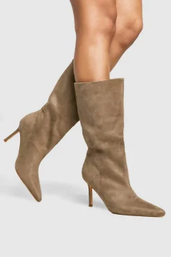 Calf High Boots|Over The Knee Boots*boohoo Wide Fit Faux Suede Stiletto Calf High Boots grey
