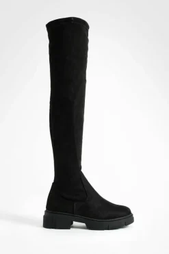 Over The Knee Boots|Knee High Boots*boohoo Wide Fit Faux Suede Stretch Knee High Boots black