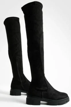 Over The Knee Boots|Knee High Boots*boohoo Wide Fit Faux Suede Stretch Knee High Boots black