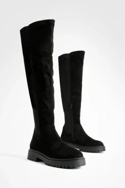 Over The Knee Boots|All Boots*boohoo Wide Fit Faux Suede Stretch Panel Over The Knee Boots black
