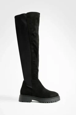 Over The Knee Boots|All Boots*boohoo Wide Fit Faux Suede Stretch Panel Over The Knee Boots black