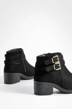 Heels|Heeled Boots*boohoo Wide Fit Faux Suede Two Buckle Block Heel Chelsea Boots black