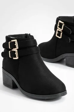 Heels|Heeled Boots*boohoo Wide Fit Faux Suede Two Buckle Block Heel Chelsea Boots black