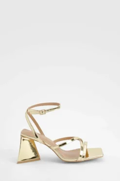 Heels*boohoo Wide Fit Flared Heel Crossover Sandals gold