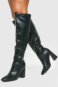Over The Knee Boots|Heeled Boots*boohoo Wide Fit Flared Heel Knee High Boots black