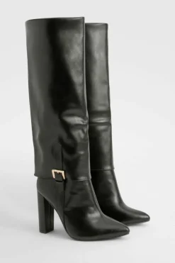 Over The Knee Boots|All Boots*boohoo Wide Fit Fold Over Buckle Detail Pointed Knee High Boots black