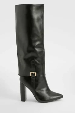 Over The Knee Boots|All Boots*boohoo Wide Fit Fold Over Buckle Detail Pointed Knee High Boots black
