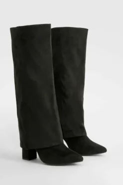 Over The Knee Boots|Knee High Boots*boohoo Wide Fit Fold Over Heeled Knee High Boots black