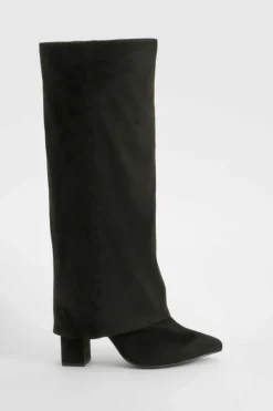 Over The Knee Boots|Knee High Boots*boohoo Wide Fit Fold Over Heeled Knee High Boots black