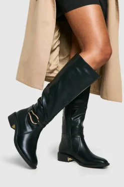 Over The Knee Boots|Knee High Boots*boohoo Wide Fit Hardware Detail Knee High Boots black