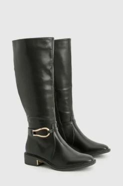 Over The Knee Boots|Knee High Boots*boohoo Wide Fit Hardware Detail Knee High Boots black