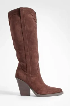 Chunky Boots|Cowboy Boots*boohoo Wide Fit Knee High Chunky Rand Western Cowboy Boots chocolate