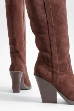 Chunky Boots|Cowboy Boots*boohoo Wide Fit Knee High Chunky Rand Western Cowboy Boots chocolate
