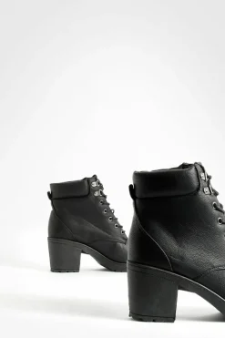 Heels|Biker Boots*boohoo Wide Fit Lace Up Heeled Hiker Boots black