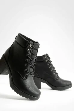 Heels|Biker Boots*boohoo Wide Fit Lace Up Heeled Hiker Boots black