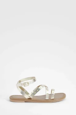 Sandals*boohoo Wide Fit Leather Studded 2 Part Sandals gold
