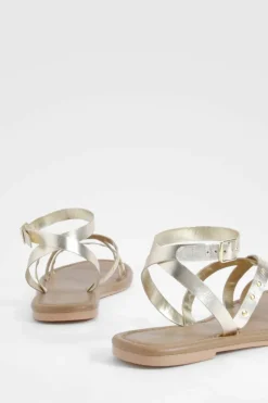 Sandals*boohoo Wide Fit Leather Studded 2 Part Sandals gold