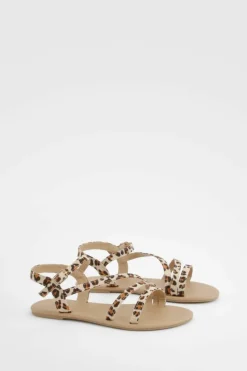 Sandals*boohoo Wide Fit Asymmetric Basic Sandals leopard
