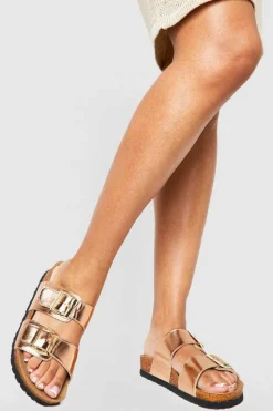 Sandals*boohoo Wide Fit Metallic Buckle Strap Footbed Sliders rose gold