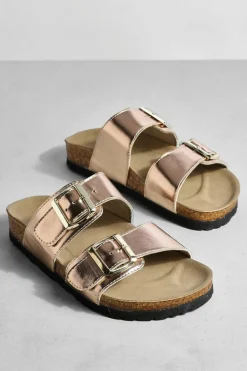 Sandals*boohoo Wide Fit Metallic Buckle Strap Footbed Sliders rose gold