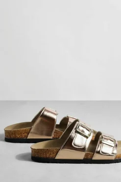 Sandals*boohoo Wide Fit Metallic Buckle Strap Footbed Sliders rose gold