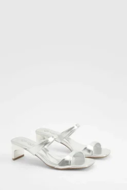 Heels*boohoo Wide Fit Metallic Double Strap Low Heeled Mules silver