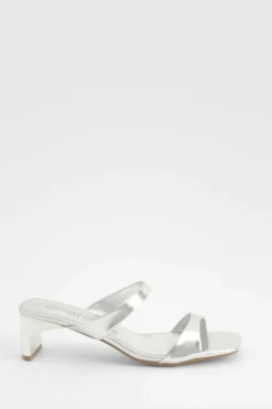 Heels*boohoo Wide Fit Metallic Double Strap Low Heeled Mules silver