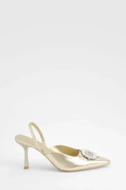 Heels*boohoo Wide Fit Metallic Embellished Slingback Court Heels gold