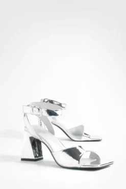 Heels*boohoo Wide Fit Metallic Flare Heel Two Part Heels silver
