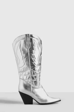 Cowboy Boots|All Boots*boohoo Wide Fit Metallic Knee High Western Cowboy Boots silver