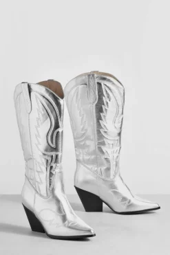 Cowboy Boots|All Boots*boohoo Wide Fit Metallic Knee High Western Cowboy Boots silver