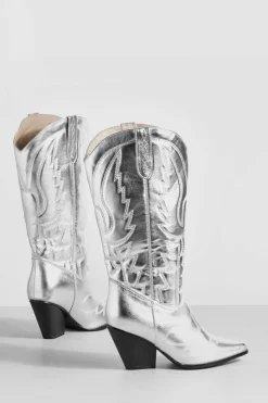 Cowboy Boots|All Boots*boohoo Wide Fit Metallic Knee High Western Cowboy Boots silver