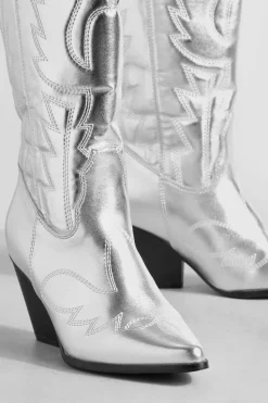 Cowboy Boots|All Boots*boohoo Wide Fit Metallic Knee High Western Cowboy Boots silver