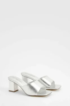 Heels*boohoo Wide Fit Metallic Low Block Heeled Mule silver