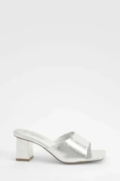 Heels*boohoo Wide Fit Metallic Low Block Heeled Mule silver