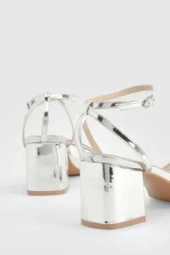 Heels*boohoo Wide Fit Metallic Low Block Cross Strap Heels silver