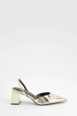 Heels*boohoo Wide Fit Metallic Patent Block Heel Court Shoes gold