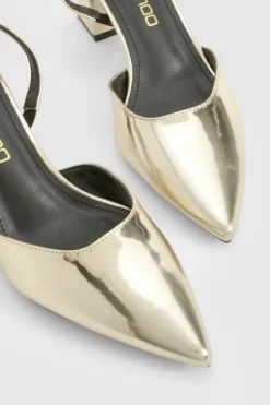 Heels*boohoo Wide Fit Metallic Patent Block Heel Court Shoes gold