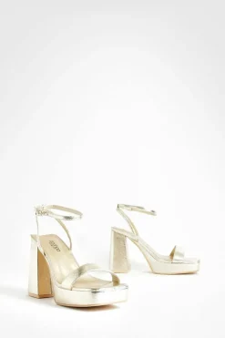 Heels*boohoo Wide Fit Metallic Square Toe Barely There Platform Heel gold