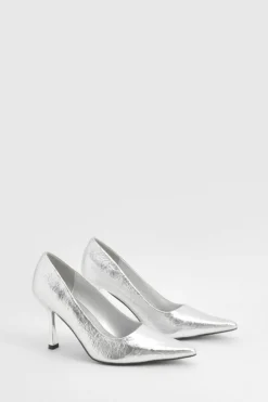 Heels*boohoo Wide Fit Metallic Textured Court Shoes silver