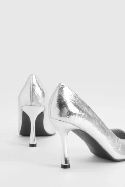 Heels*boohoo Wide Fit Metallic Textured Court Shoes silver